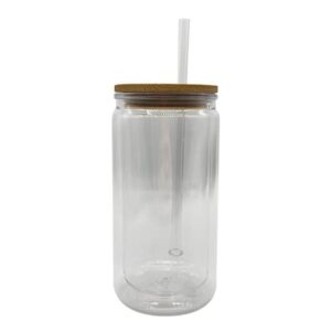 Clear Double wall plastic mug with bamboo lid